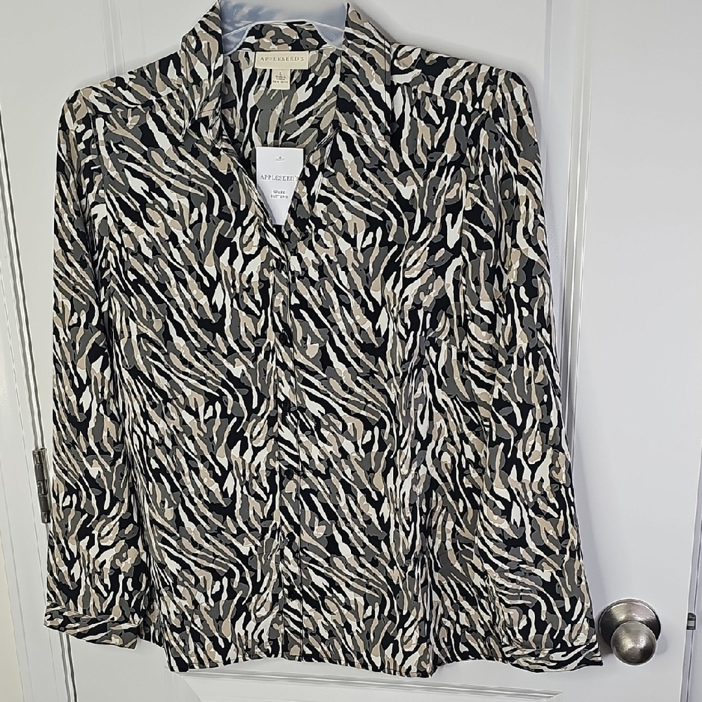 Appleseed's Zebra Print Blouse in‎ Black and Tan Size L